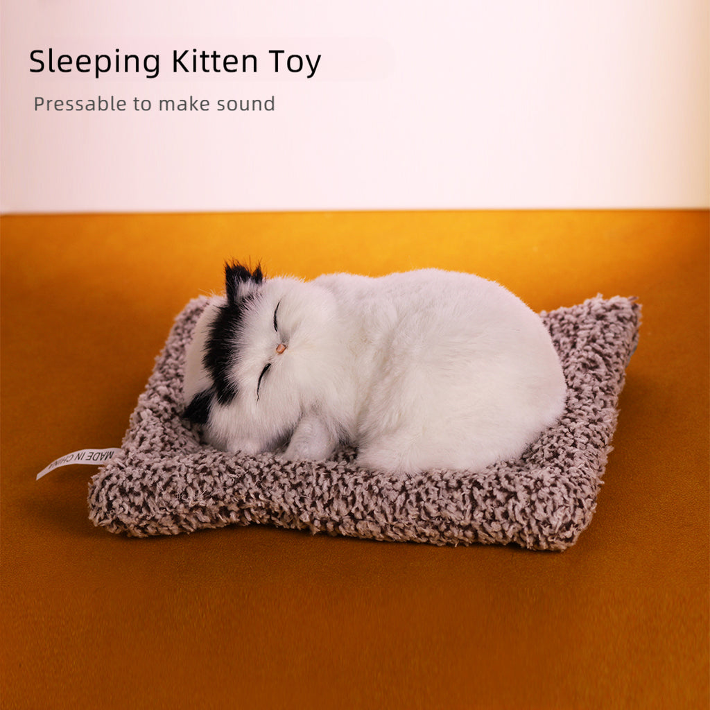 Sleeping Kitten Plush Toy with Meow Sound – Realistic Stuffed Cat Doll Soft Faux Fur, Press-Back Sound, Cute Mini Decor Gift for Kids & Cat Lovers