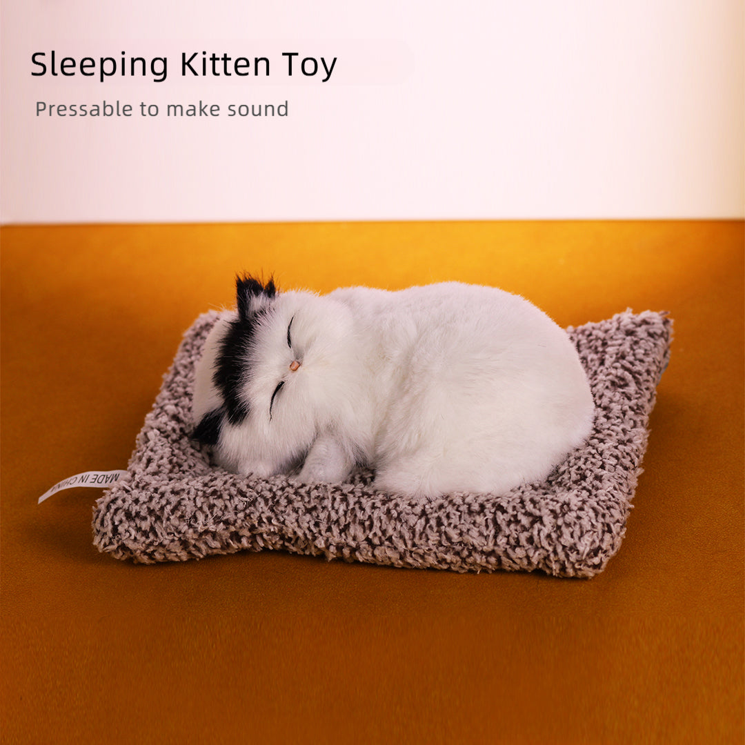 Sleeping Kitten Plush Toy with Meow Sound – Realistic Stuffed Cat Doll Soft Faux Fur, Press-Back Sound, Cute Mini Decor Gift for Kids & Cat Lovers