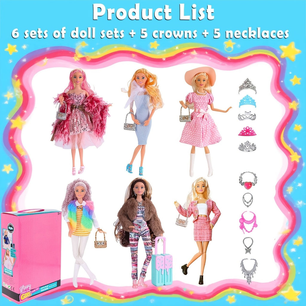 6 Pack 11.5 Inch Articulated Fashion Princess Dolls Playset – Poseable Joints, Outfits, Handbag, Crown, Necklace & Suitcase, Individual Gift Boxes, Complete Doll Set for Girls Ages 3+