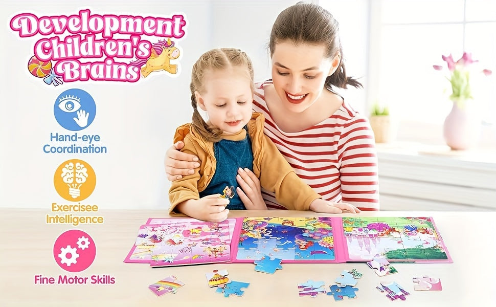 Magnetic Puzzle Book for Girls Ages 3 4 5 6 Unicorn Mermaid Princess 20pcs Travel Toy Toddler Busy Book Car Airplane Road Trip - Birthday Gift
