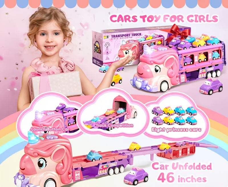 Pink Monster Truck Track Set with 8 Princess Cars – Light & Sound Friction Power, 2-Player Fold-Out Race Track Toy for Girls Boys Ages 3 4 5