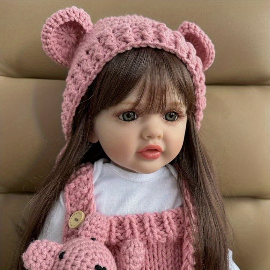 Reborn Baby Girl Doll 22 Inch 55cm – Realistic Lifelike Soft Vinyl Bathable Long Brown Hair Princess with Clothes Magnetic Pacifier Bottle ASTM EN71 Certified Gift Ages 3+