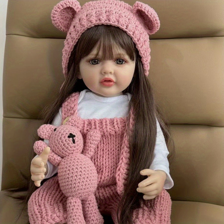 Reborn Baby Girl Doll 22 Inch 55cm – Realistic Lifelike Soft Vinyl Bathable Long Brown Hair Princess with Clothes Magnetic Pacifier Bottle ASTM EN71 Certified Gift Ages 3+