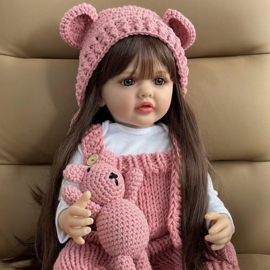 Reborn Baby Girl Doll 22 Inch 55cm – Realistic Lifelike Soft Vinyl Bathable Long Brown Hair Princess with Clothes Magnetic Pacifier Bottle ASTM EN71 Certified Gift Ages 3+