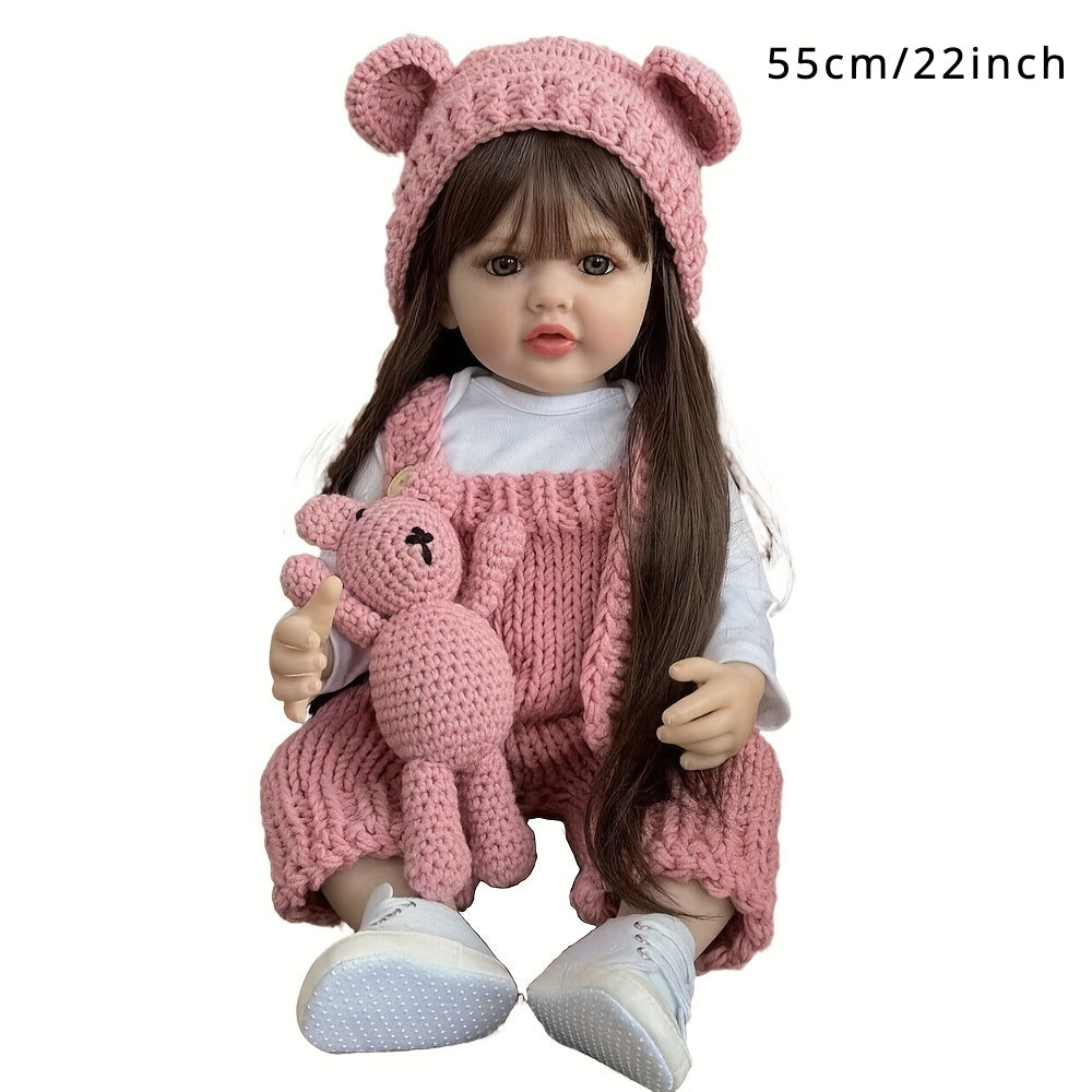 Reborn Baby Girl Doll 22 Inch 55cm – Realistic Lifelike Soft Vinyl Bathable Long Brown Hair Princess with Clothes Magnetic Pacifier Bottle ASTM EN71 Certified Gift Ages 3+