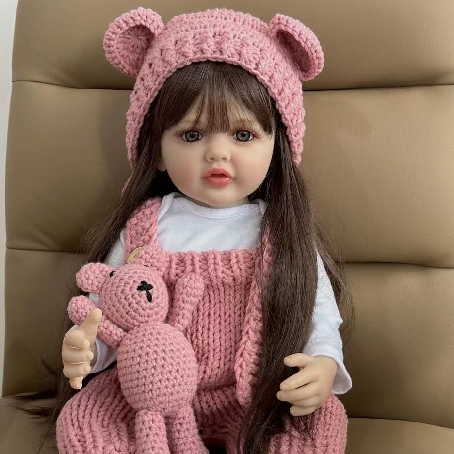 Reborn Baby Girl Doll 22 Inch 55cm – Realistic Lifelike Soft Vinyl Bathable Long Brown Hair Princess with Clothes Magnetic Pacifier Bottle ASTM EN71 Certified Gift Ages 3+