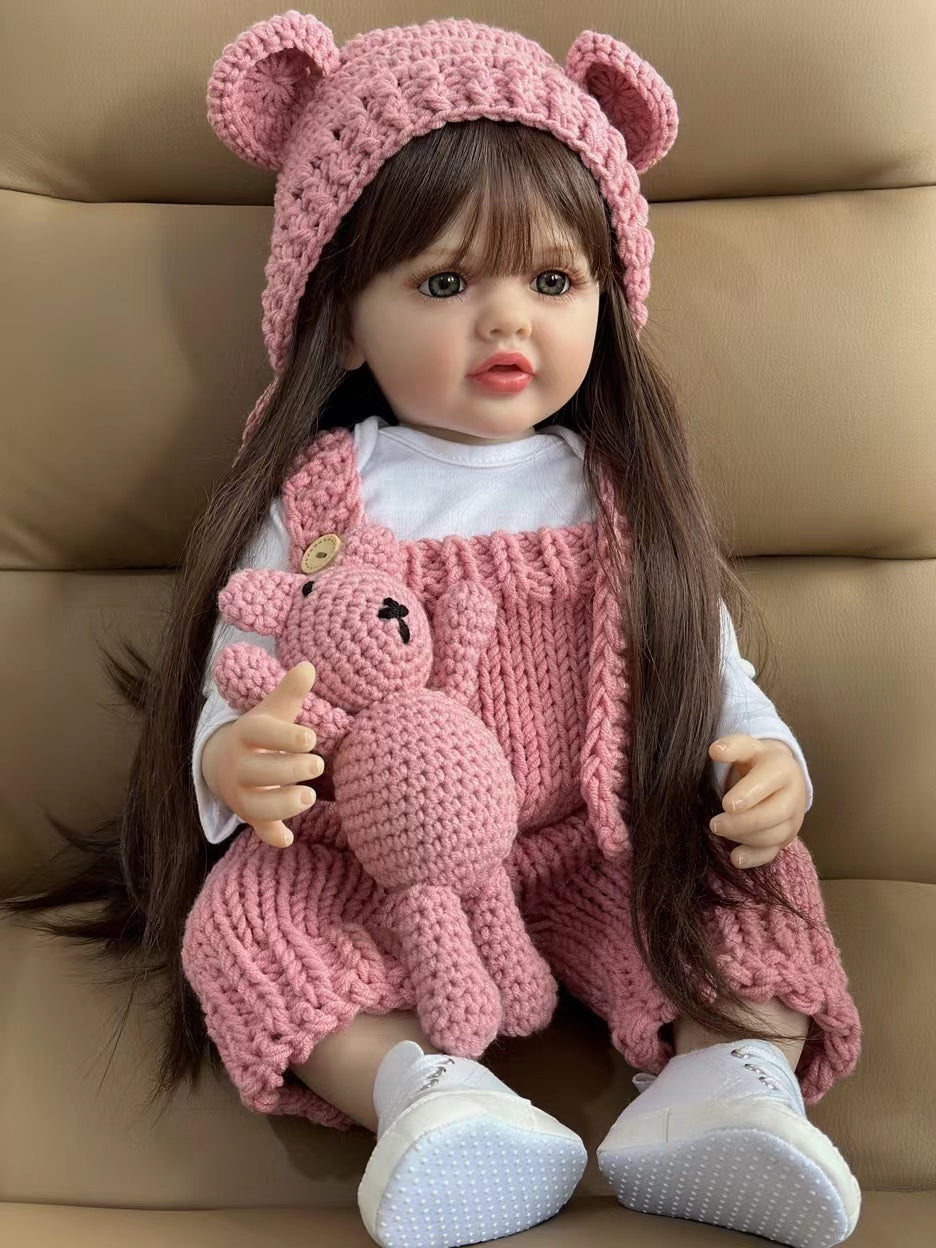 Reborn Baby Girl Doll 22 Inch 55cm – Realistic Lifelike Soft Vinyl Bathable Long Brown Hair Princess with Clothes Magnetic Pacifier Bottle ASTM EN71 Certified Gift Ages 3+