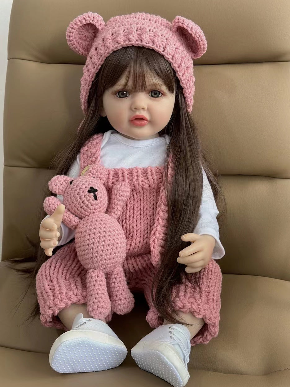 Reborn Baby Girl Doll 22 Inch 55cm – Realistic Lifelike Soft Vinyl Bathable Long Brown Hair Princess with Clothes Magnetic Pacifier Bottle ASTM EN71 Certified Gift Ages 3+