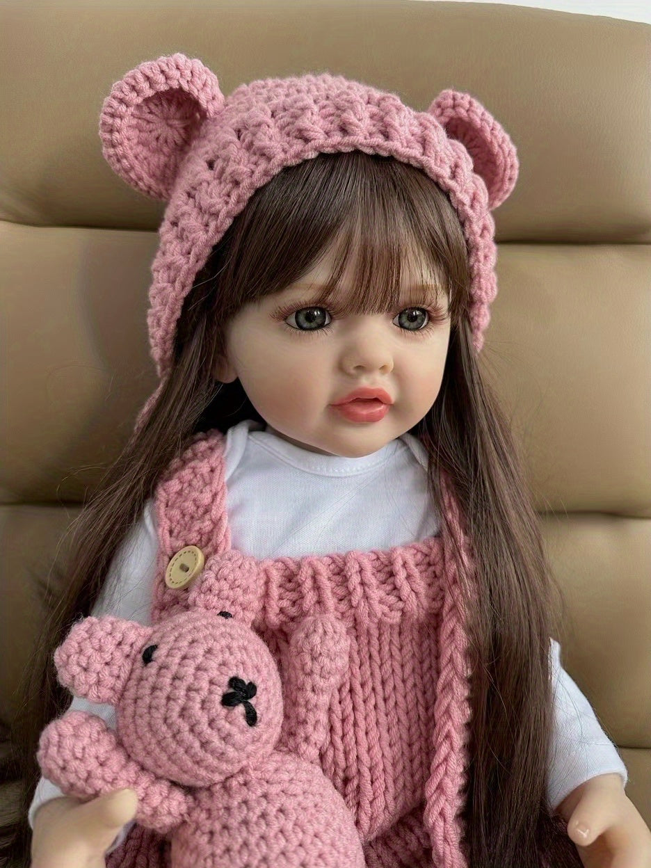Reborn Baby Girl Doll 22 Inch 55cm – Realistic Lifelike Soft Vinyl Bathable Long Brown Hair Princess with Clothes Magnetic Pacifier Bottle ASTM EN71 Certified Gift Ages 3+