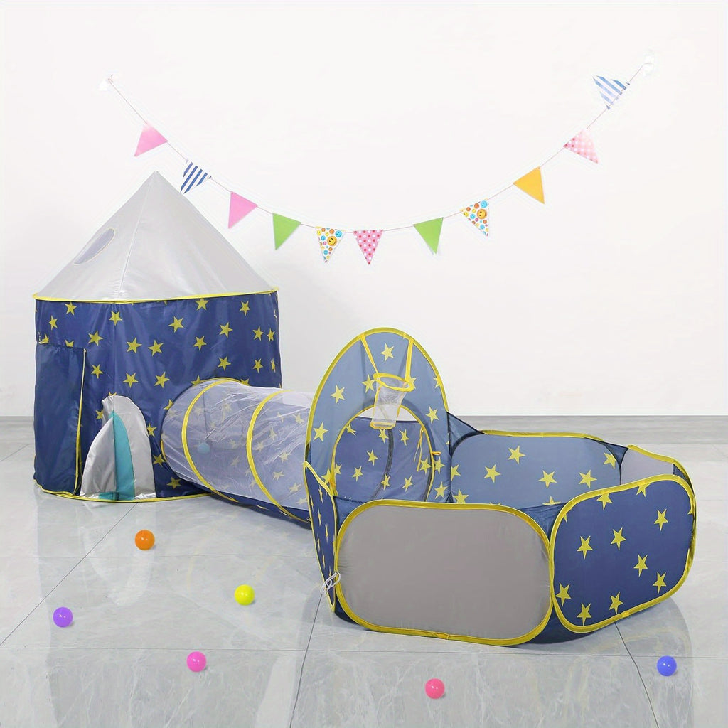 3-in-1 Pop-Up Play Tent with Crawl Tunnel & Basketball Hoop for Toddlers – Indoor Outdoor Kids Playhouse, Star Design, Sturdy & Safe Gift for Boys & Girls Ages 2+
