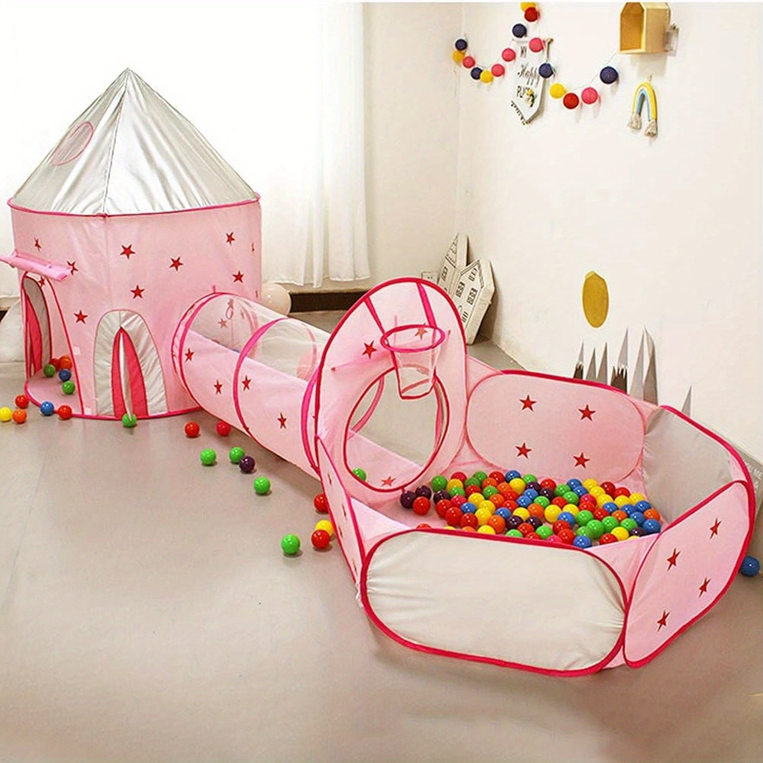 3-in-1 Pop-Up Play Tent with Crawl Tunnel & Basketball Hoop for Toddlers – Indoor Outdoor Kids Playhouse, Star Design, Sturdy & Safe Gift for Boys & Girls Ages 2+