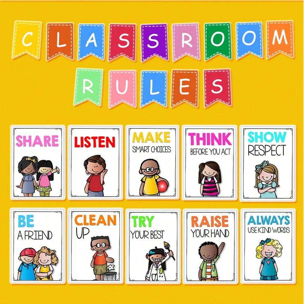 Classroom Rules Posters for Kids, Lachilly 10-Piece Good Habits and Etiquette Wall Decor Set for Preschool, Daycare, Kindergarten and Home Learning