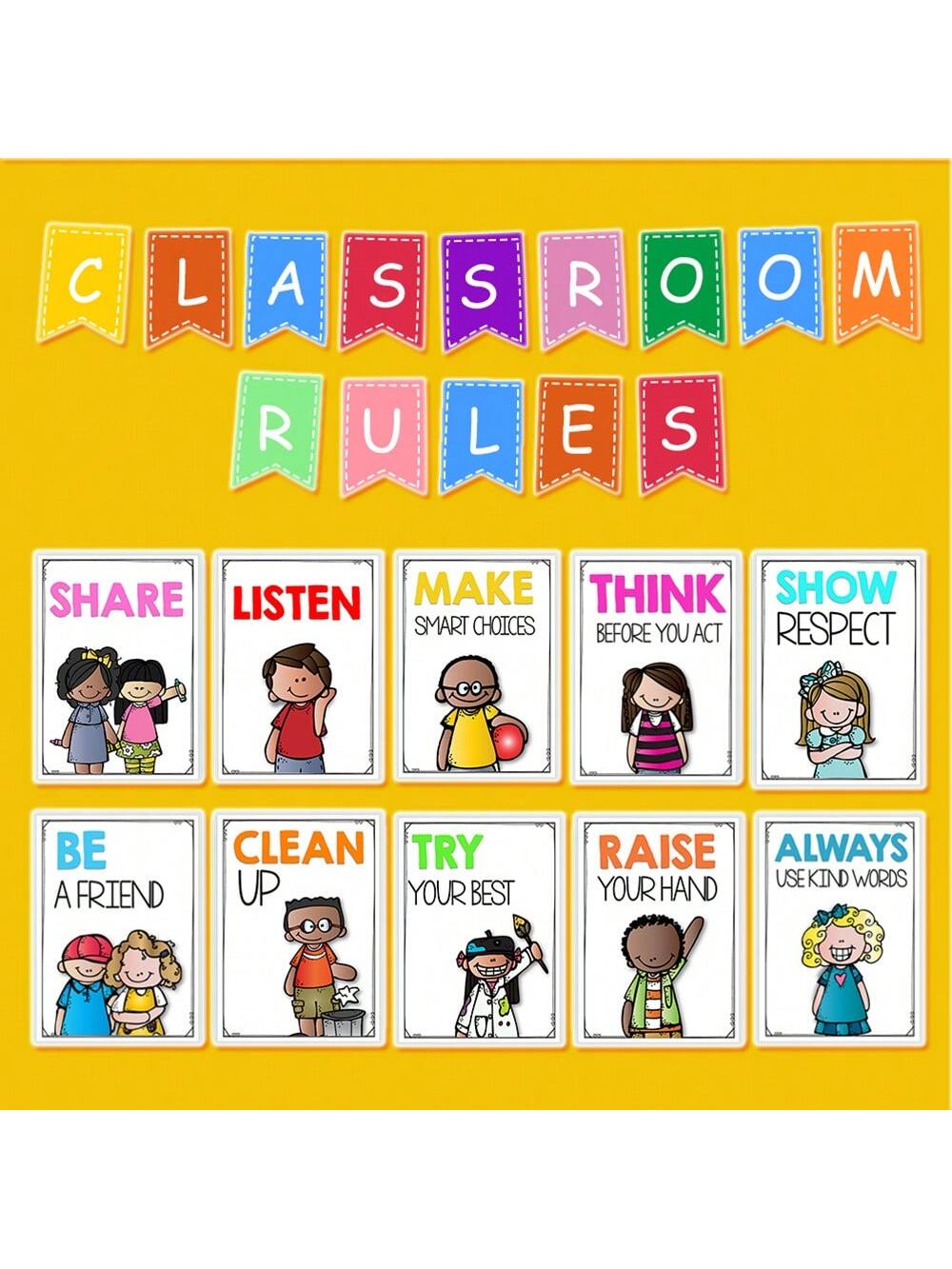 Classroom Rules Posters for Kids, Lachilly 10-Piece Good Habits and Etiquette Wall Decor Set for Preschool, Daycare, Kindergarten and Home Learning