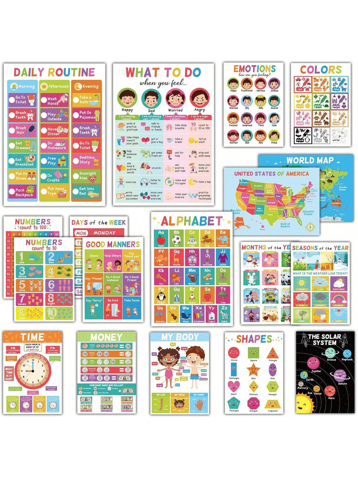 Educational Posters for Kids, 18-Poster Preschool Learning Set with ABC Alphabet Wall Display for Kindergarten, Pre-K Classroom and Homeschool