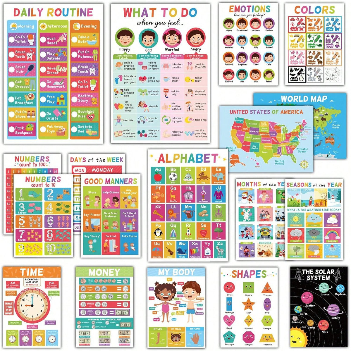 Educational Posters for Kids, 18-Poster Preschool Learning Set with ABC Alphabet Wall Display for Kindergarten, Pre-K Classroom and Homeschool