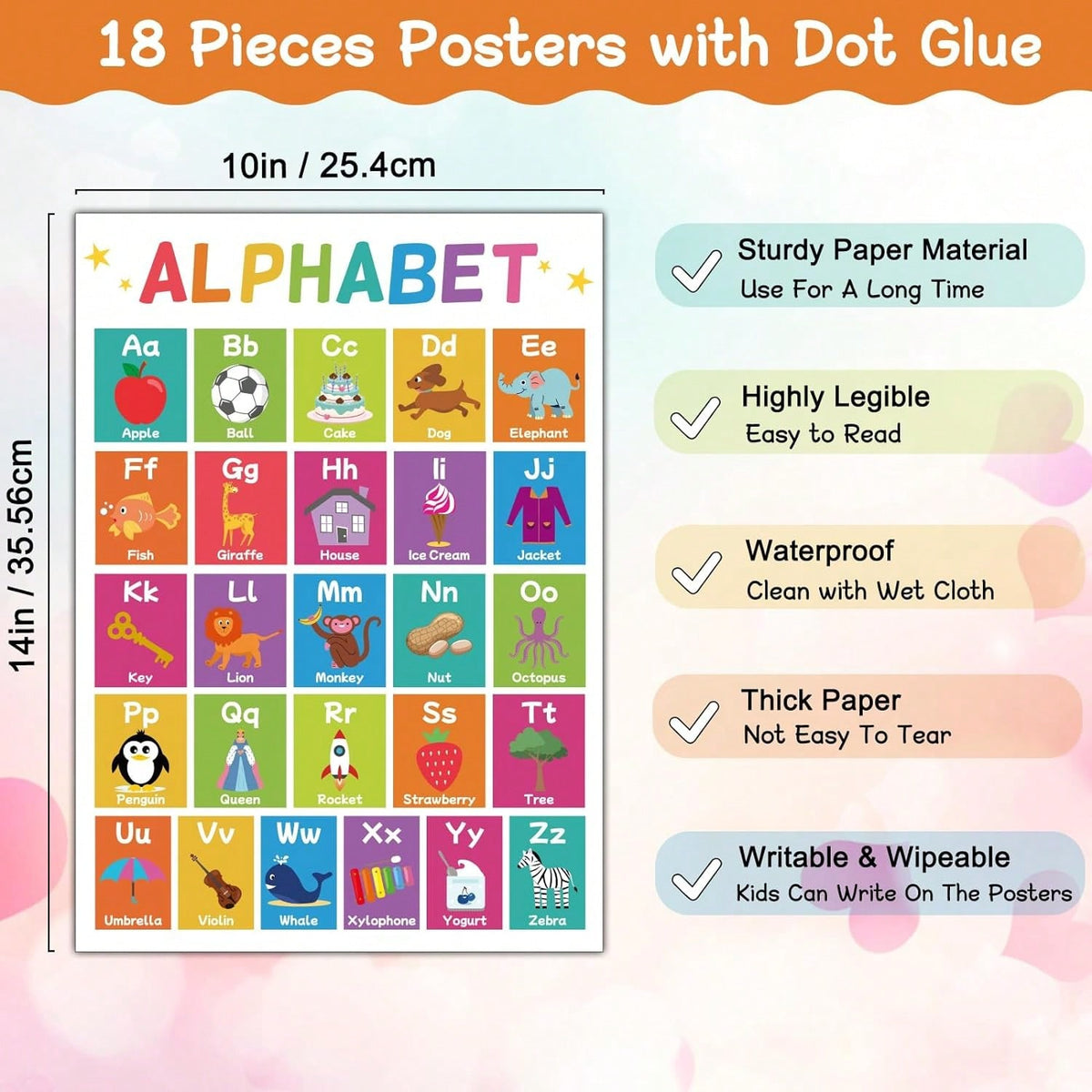 Educational Posters for Kids, 18-Poster Preschool Learning Set with ABC Alphabet Wall Display for Kindergarten, Pre-K Classroom and Homeschool