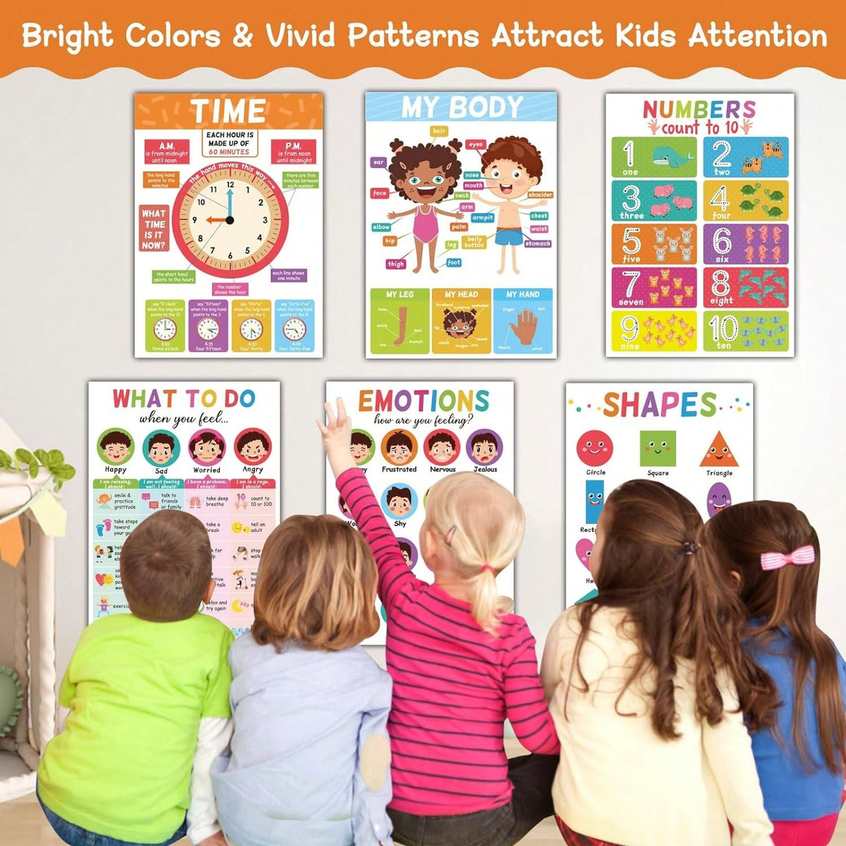 Educational Posters for Kids, 18-Poster Preschool Learning Set with ABC Alphabet Wall Display for Kindergarten, Pre-K Classroom and Homeschool