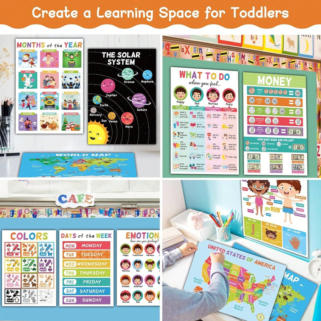 Educational Posters for Kids, 18-Poster Preschool Learning Set with ABC Alphabet Wall Display for Kindergarten, Pre-K Classroom and Homeschool