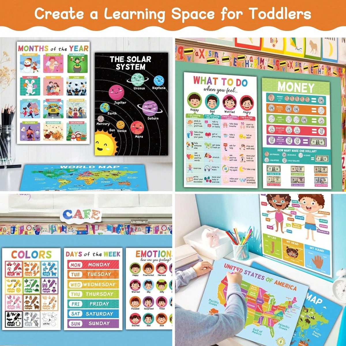 Educational Posters for Kids, 18-Poster Preschool Learning Set with ABC Alphabet Wall Display for Kindergarten, Pre-K Classroom and Homeschool