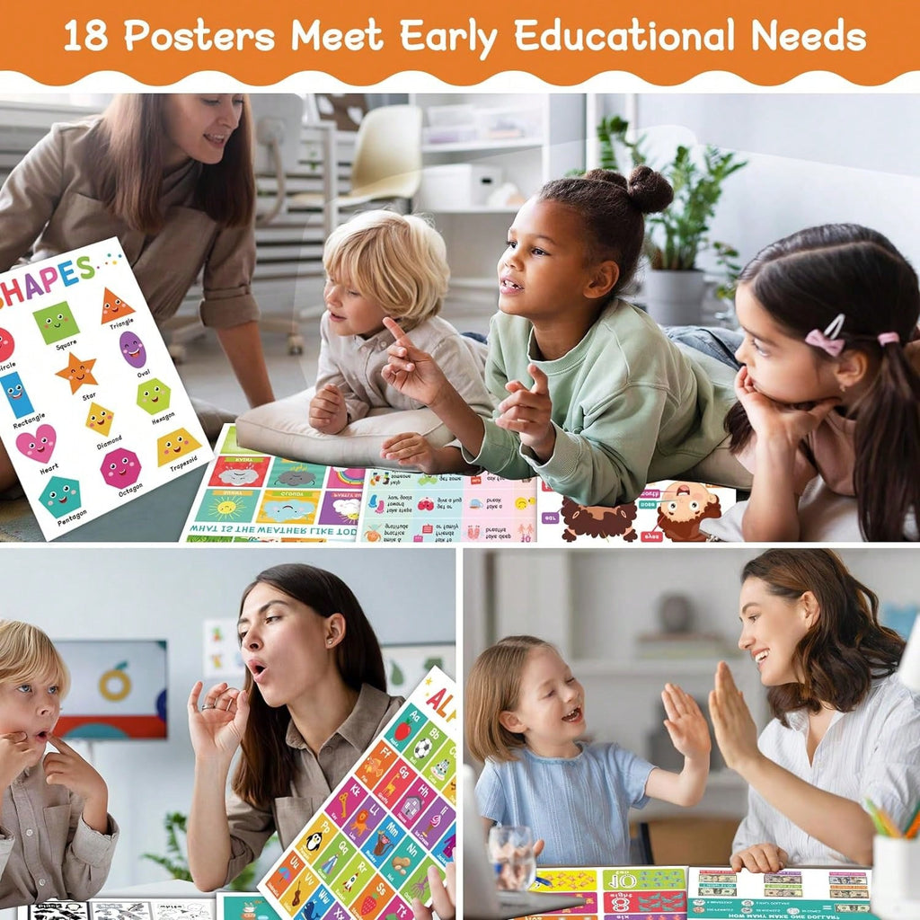 Educational Posters for Kids, 18-Poster Preschool Learning Set with ABC Alphabet Wall Display for Kindergarten, Pre-K Classroom and Homeschool