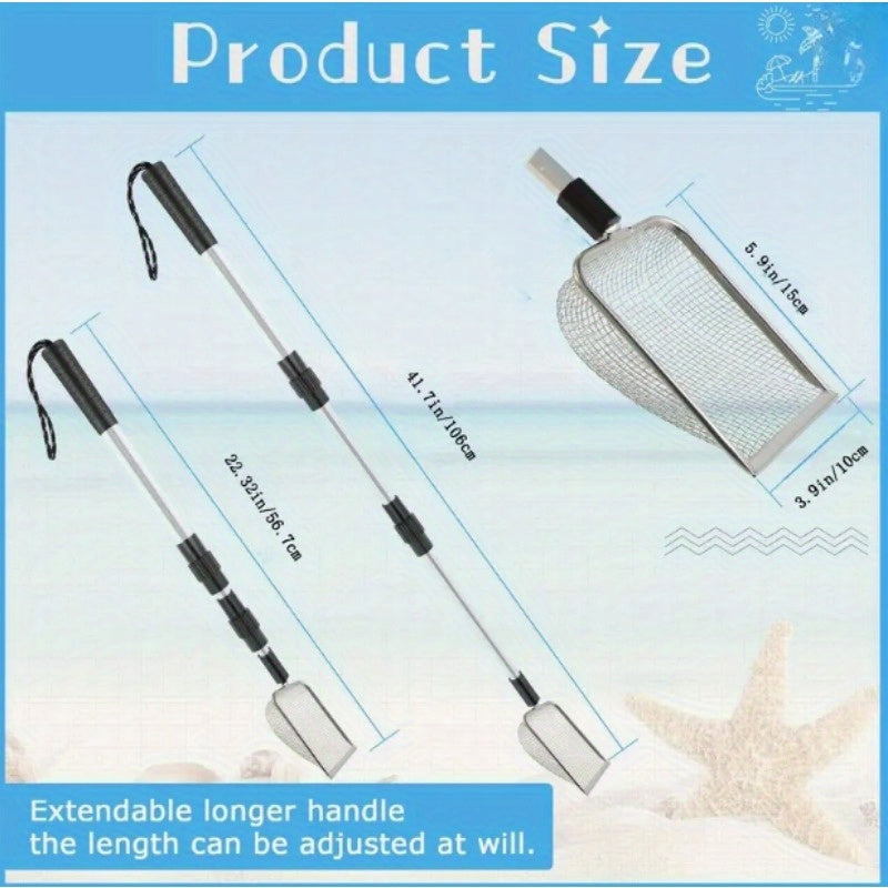 Stainless Steel Retractable Beach Sand Sifter – Portable Sand Sieve for Treasure Hunting, Shell & Conch Collecting, Beach Toy for Kids and Adults, Also Works as Cat Litter Scoop