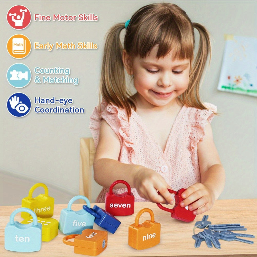 Number Lock & Key Counting Toy Set 10 Pcs - Math Learning Toy for Preschoolers Ages 3-5, Kindergarten Classroom Activity Game, Educational STEM Gift for Boys Girls Birthday Christmas
