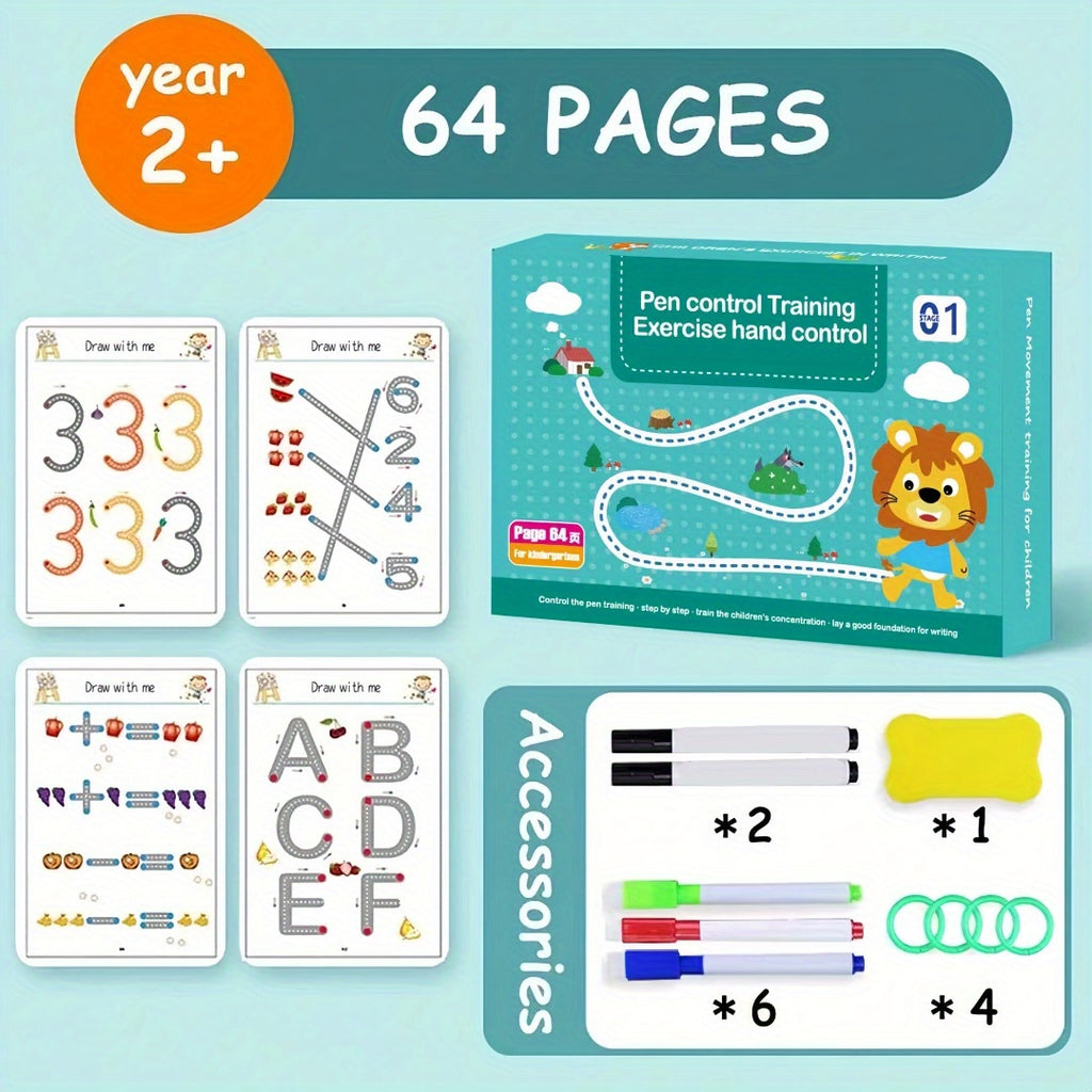 Magic Handwriting & Drawing Practice Book Set 64 Pages with 8 Erasable Pens & Refills – Pen Control Workbook for Kids Ages 3-8 Early Learning