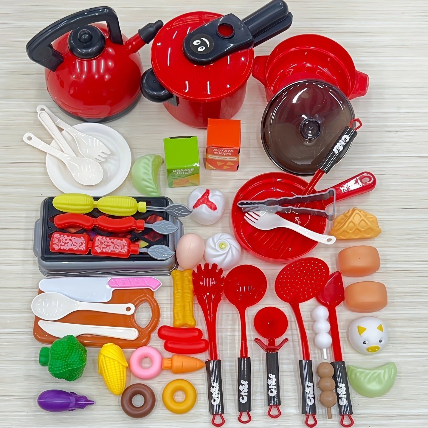 Kids Kitchen Playset 51-Piece Red, Pretend Play Cooking Set with Cookware Tableware & Food, Learning Gift for Boys Girls Toddlers, Birthday Christmas Halloween