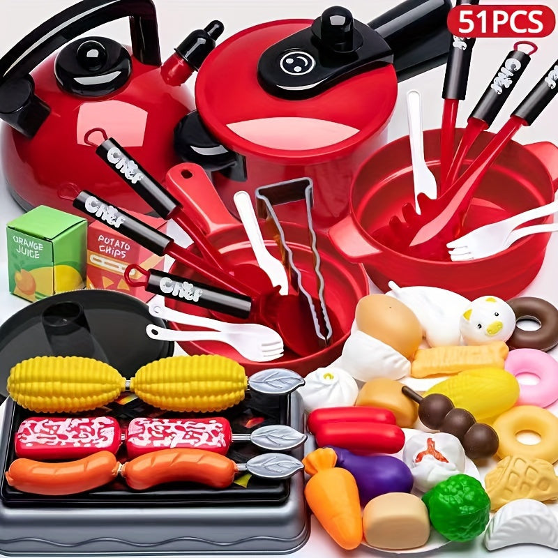 51-Piece Kids Pretend Play Kitchen Set with Cooking Utensils, Tableware & Food Simulation – Learning Gift for Boys Girls