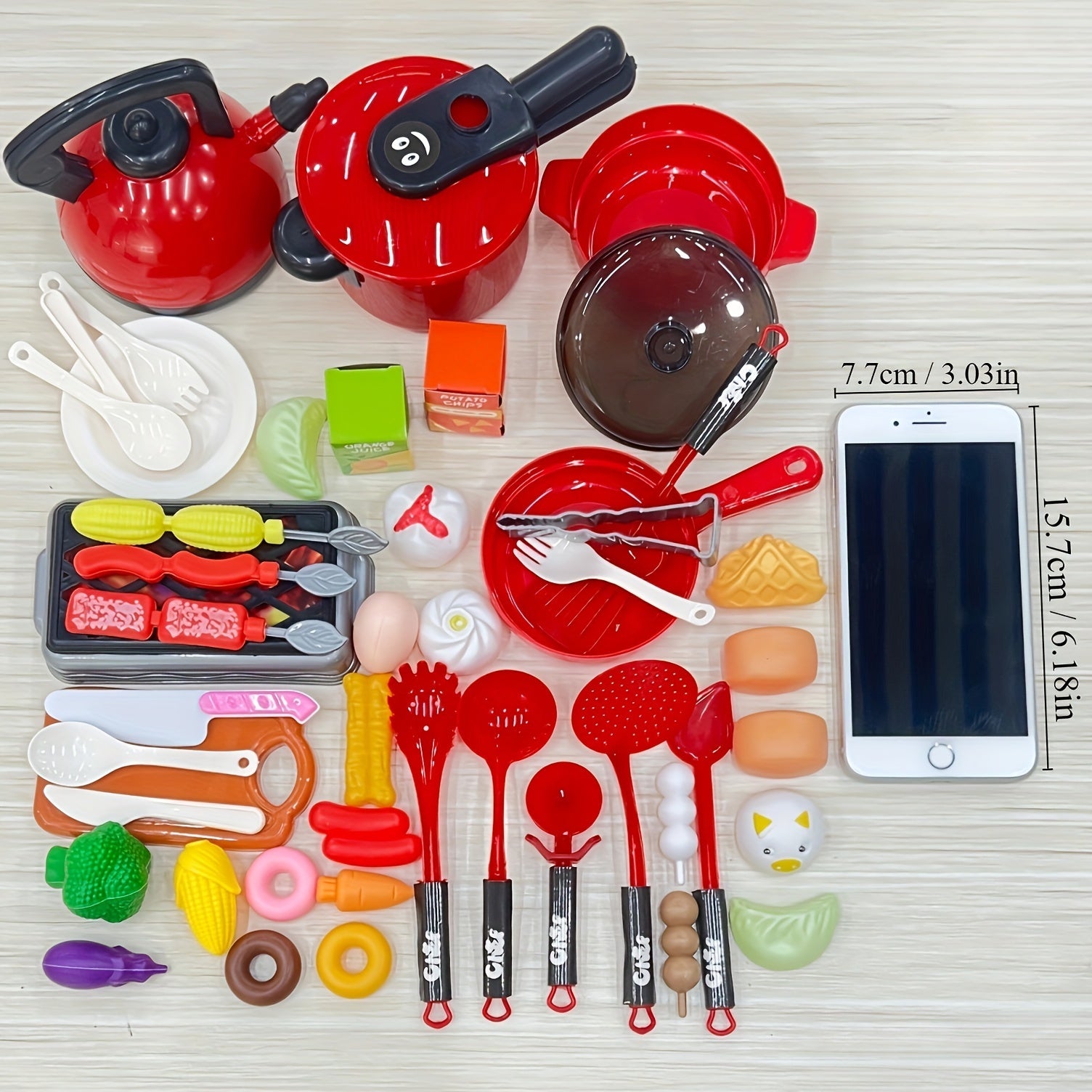 Kids Kitchen Playset 51-Piece Red, Pretend Play Cooking Set with Cookware Tableware & Food, Learning Gift for Boys Girls Toddlers, Birthday Christmas Halloween