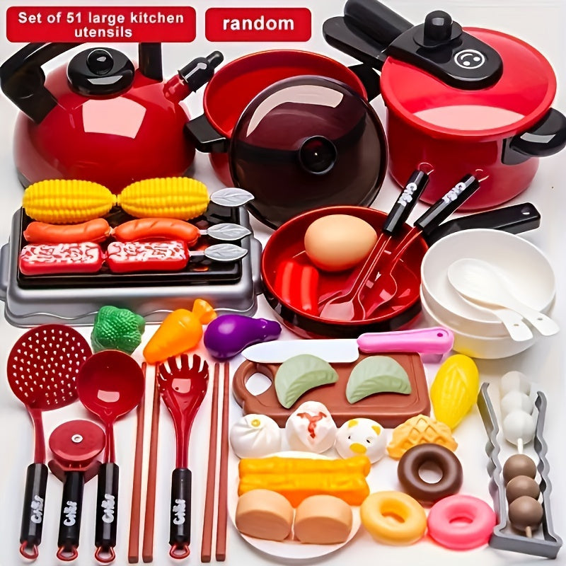 Kids Kitchen Playset 51-Piece Red, Pretend Play Cooking Set with Cookware Tableware & Food, Learning Gift for Boys Girls Toddlers, Birthday Christmas Halloween
