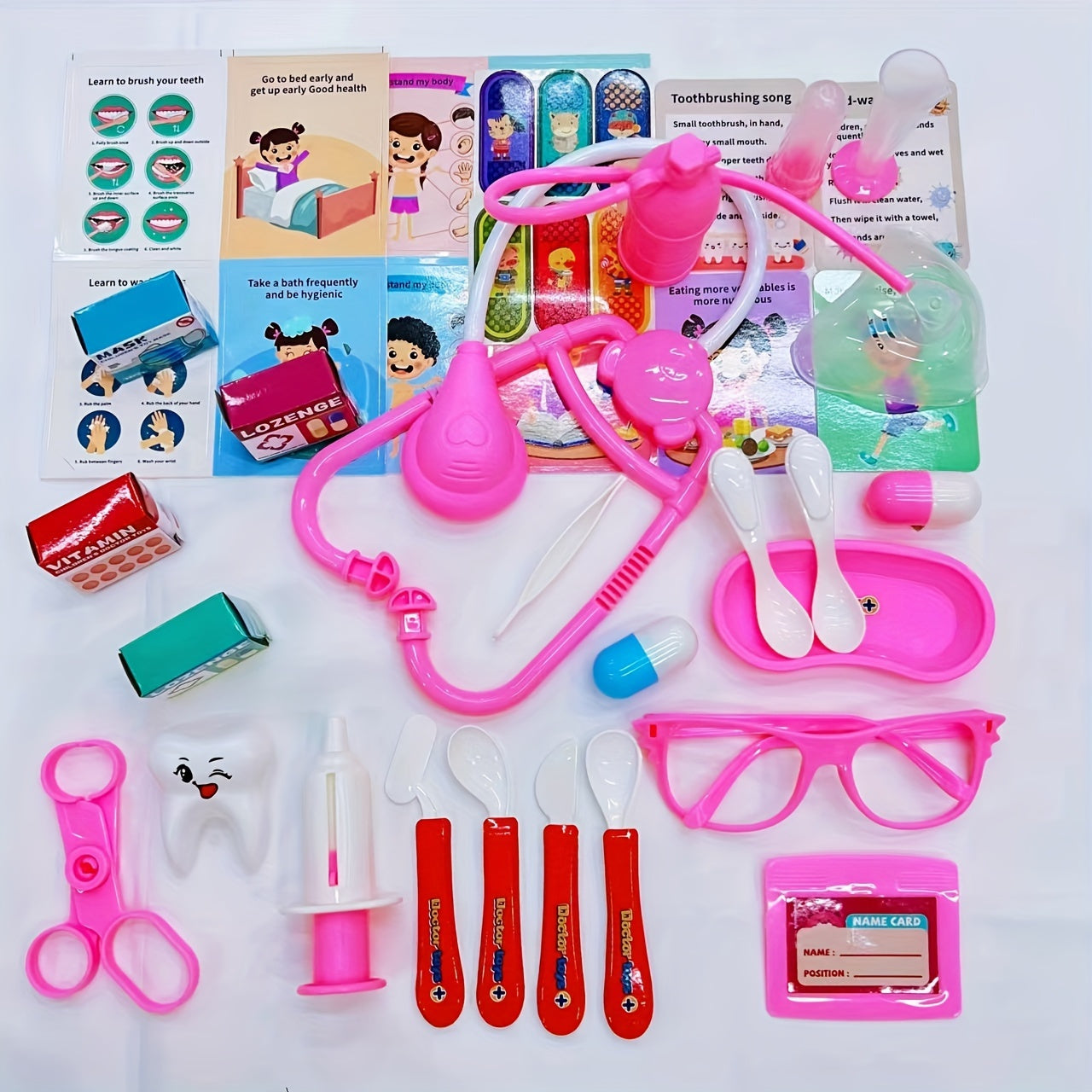 Kids Doctor Playset 40-Piece Pink, Pretend Play Doctor Nurse Toy Set with Stethoscope Syringe Dental Tools, Role Play Gift for Girls Boys Toddlers, Birthday Halloween Christmas
