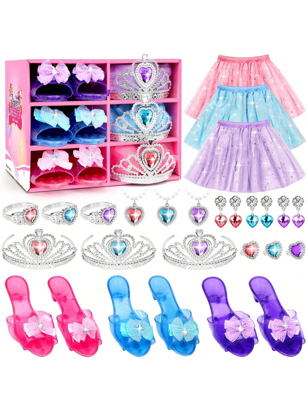 28-Piece Princess Dress Up Set for Girls Ages 3+, Costume Skirts, Princess Shoes, Crowns and Jewelry for Birthday Parties and Gifts