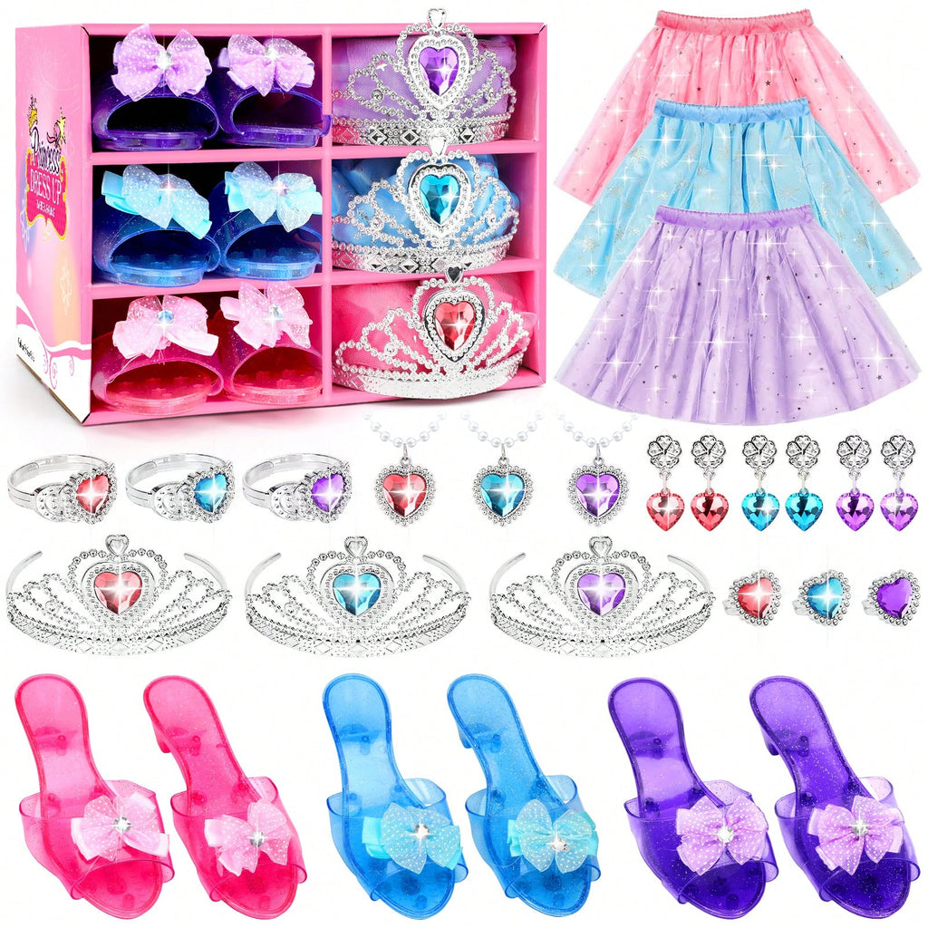 28-Piece Princess Dress Up Set for Girls Ages 3+, Costume Skirts, Princess Shoes, Crowns and Jewelry for Birthday Parties and Gifts