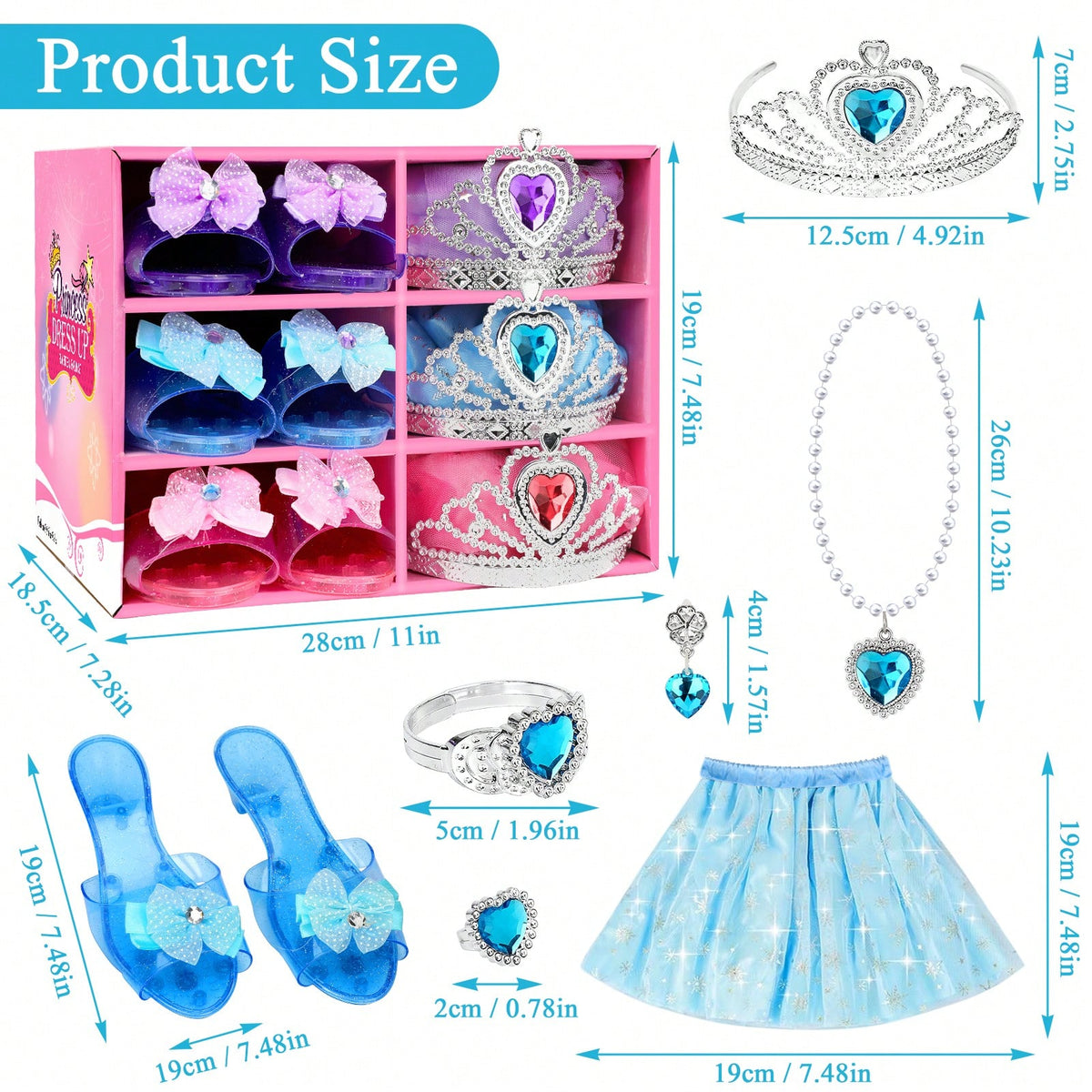 28-Piece Princess Dress Up Set for Girls Ages 3+, Costume Skirts, Princess Shoes, Crowns and Jewelry for Birthday Parties and Gifts