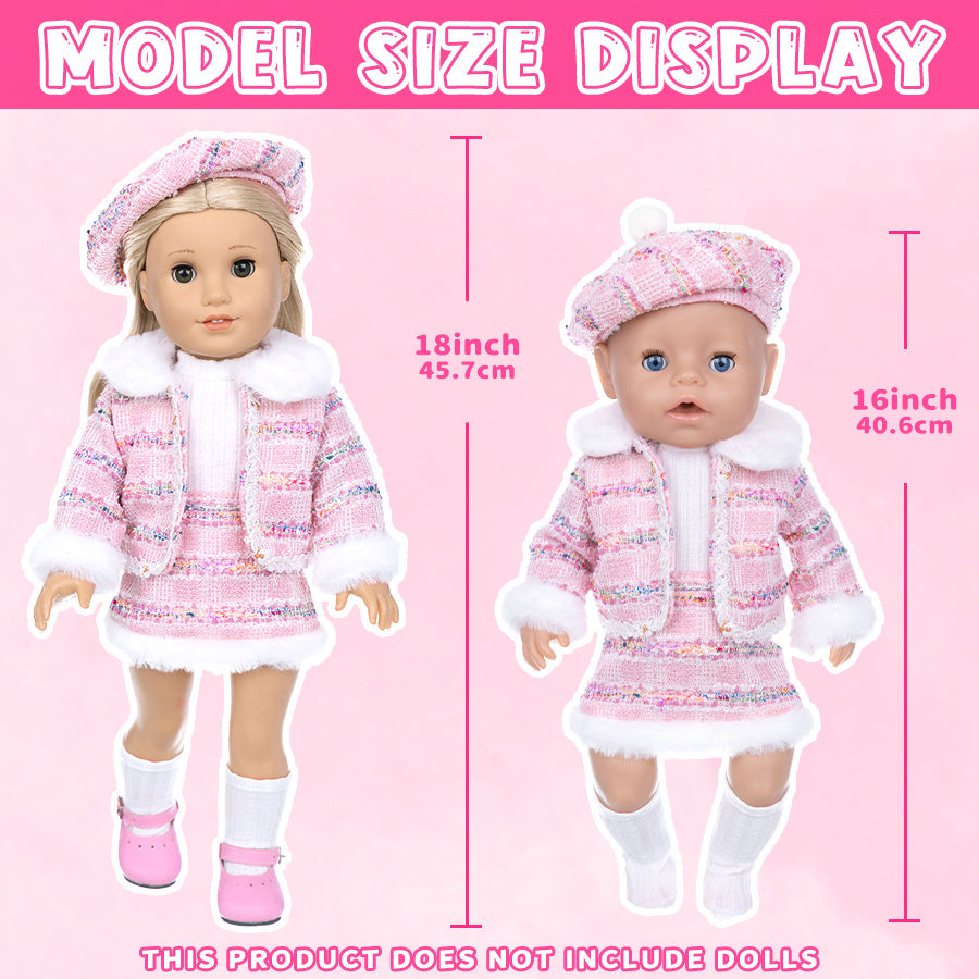18 Inch Doll Knitted Clothes Outfit Set – Hat, Jacket, Skirt, Lipstick, Shoes, Socks & Sunglasses for 16-18 Inch Baby & Reborn Dolls, Pink & Purple, Complete 7-Piece Fashion Gift for Girls Ages 3+