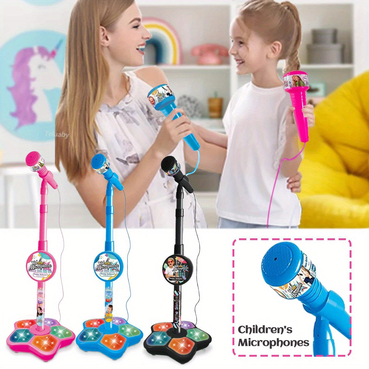 Kids Karaoke Microphone with Stand Set – Amplified Singing Toy Mic for Girls Boys Toddlers, Birthday Gift, Music Play