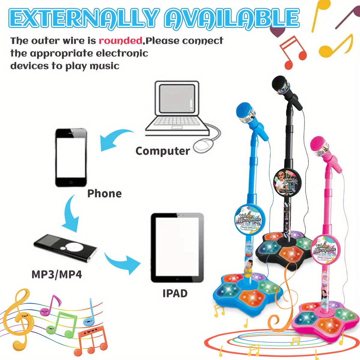 Kids Karaoke Microphone with Stand Set – Amplified Singing Toy Mic for Girls Boys Toddlers, Birthday Gift, Music Play