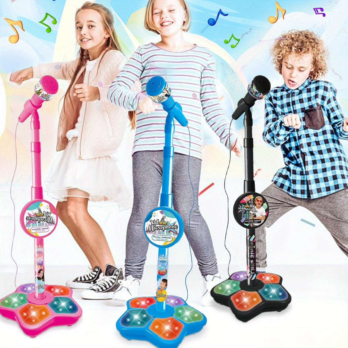 Kids Karaoke Microphone with Stand Set – Amplified Singing Toy Mic for Girls Boys Toddlers, Birthday Gift, Music Play