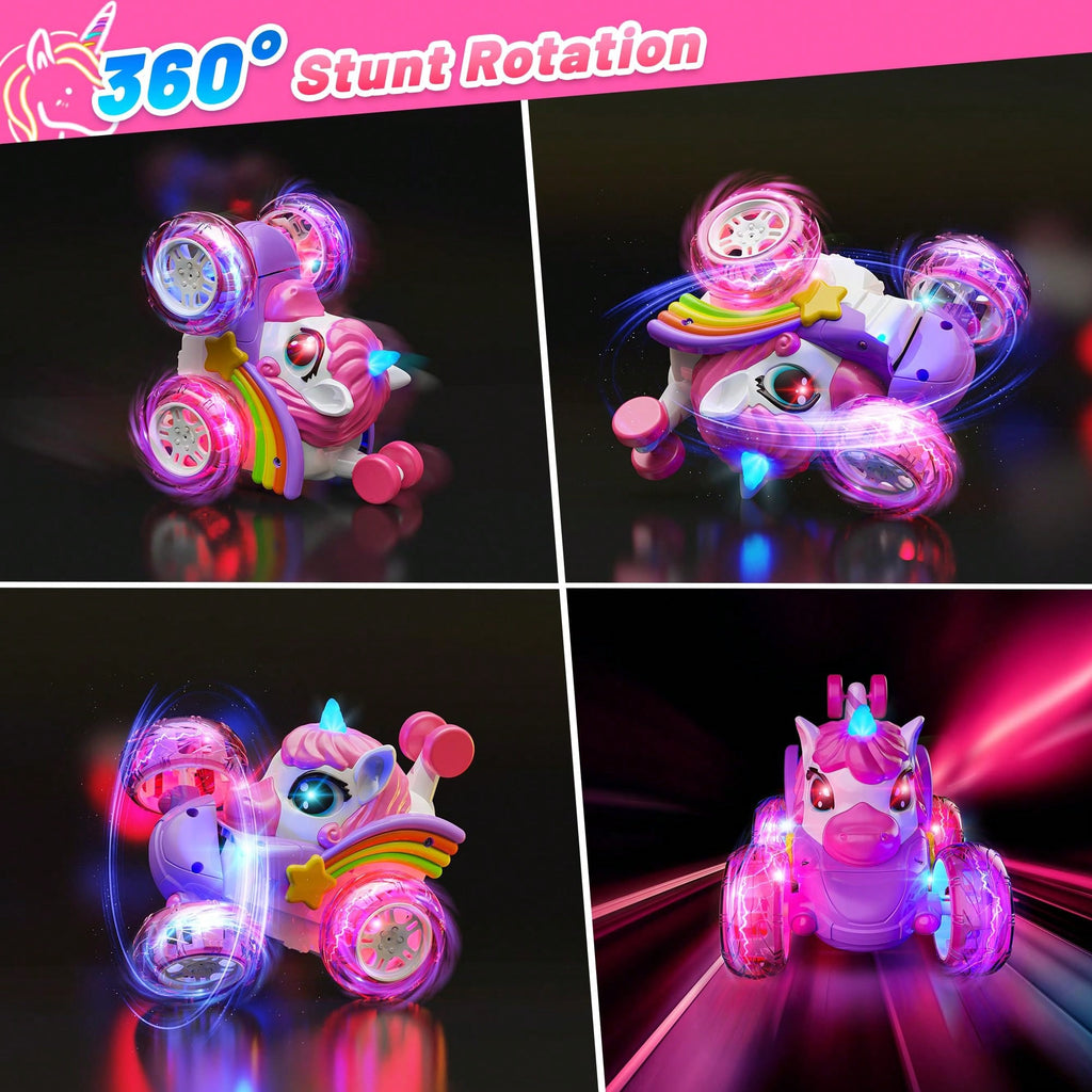 Unicorn Remote Control Stunt Car with 360-Degree Spins, 4WD Double-Sided Driving and LED Lights, 2.4GHz Electric Vehicle Toy for Kids Birthday Gifts