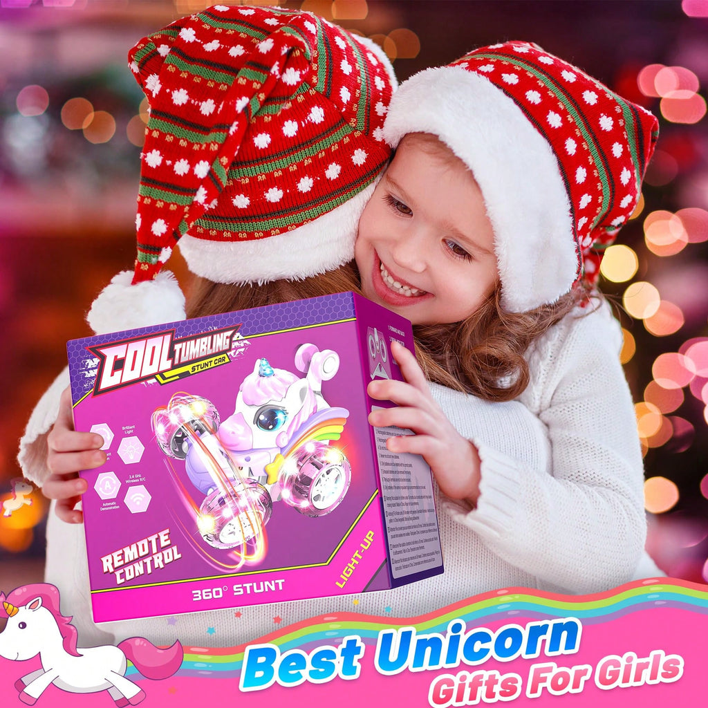 Unicorn Remote Control Stunt Car with 360-Degree Spins, 4WD Double-Sided Driving and LED Lights, 2.4GHz Electric Vehicle Toy for Kids Birthday Gifts