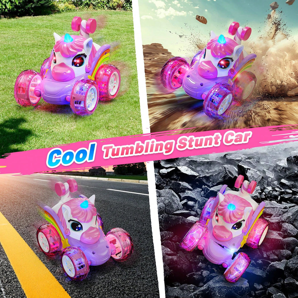 Unicorn Remote Control Stunt Car with 360-Degree Spins, 4WD Double-Sided Driving and LED Lights, 2.4GHz Electric Vehicle Toy for Kids Birthday Gifts