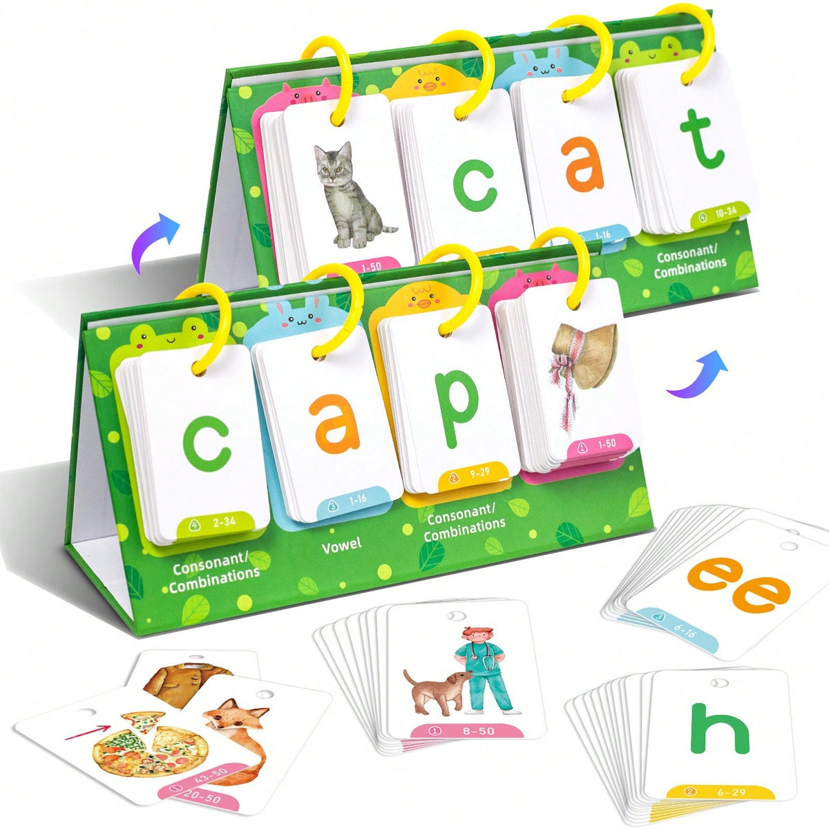 CVC Word Games for Kids with Illustrated English Learning Cards for Phonics, Spelling and Sentence Building, Desktop Homeschool Reading Activities