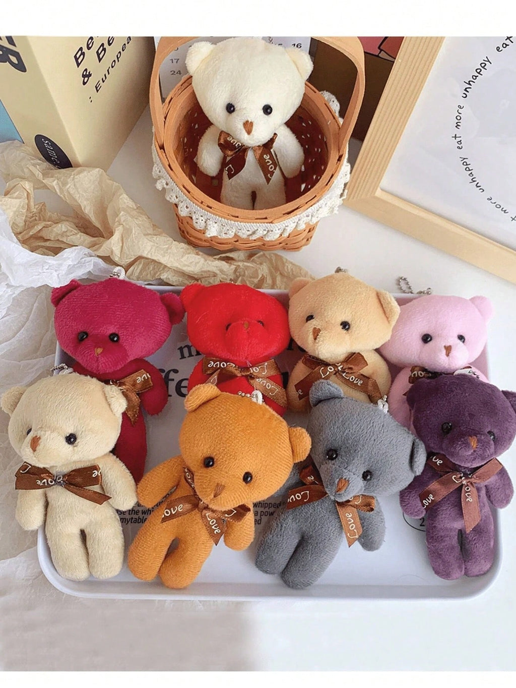 Teddy Bear Plush Keychain Set, 10-Piece Small Stuffed Bears for Wedding Bouquets, Birthday Party Favors, Gift Crafts and Bag Decor
