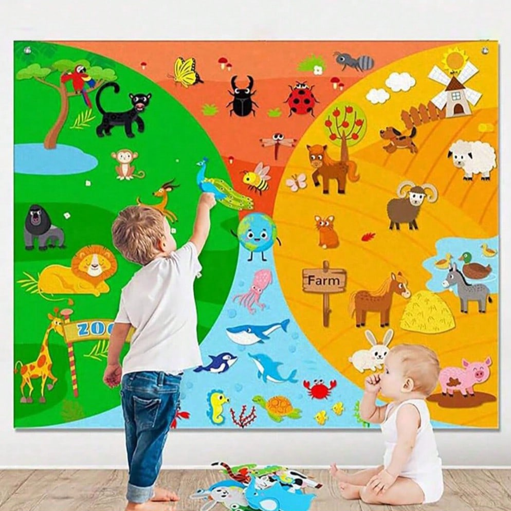 Felt Calendar Busy Board for Kids, 4-in-1 Montessori-Inspired Weather and Time Planner with Storytelling Activities for Classroom or Home Wall Display