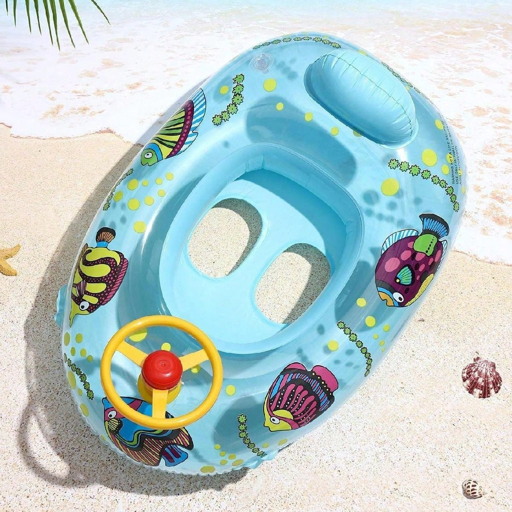 Inflatable Swimming Ring with Steering Wheel for Kids, Blue PVC Pool Float for Supervised Water Play and Summer Poolside Activities