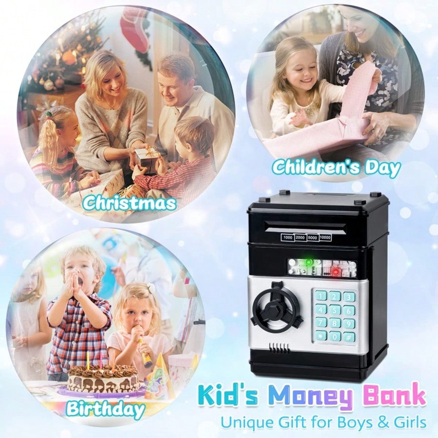 Mini ATM Savings Bank for Kids Ages 3-12, Electronic Cash and Coin Piggy Bank in Black, Pink or Red for Allowance Practice and Birthday Gifts