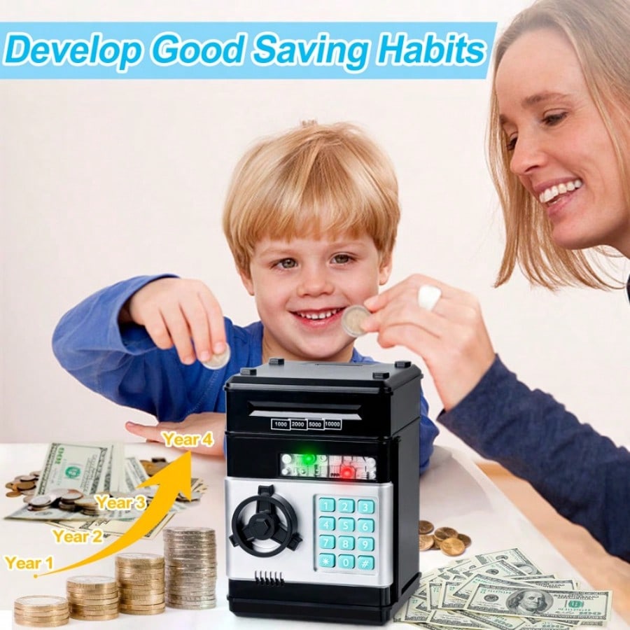 Mini ATM Savings Bank for Kids Ages 3-12, Electronic Cash and Coin Piggy Bank in Black, Pink or Red for Allowance Practice and Birthday Gifts