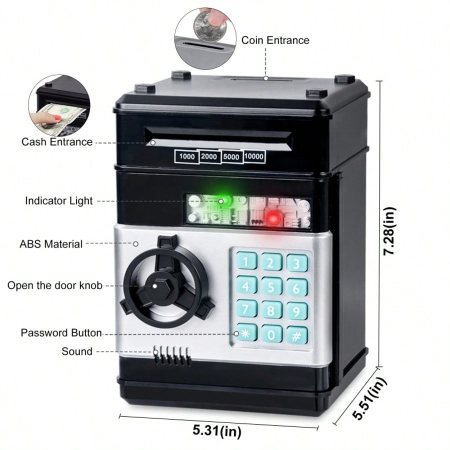 Mini ATM Savings Bank for Kids Ages 3-12, Electronic Cash and Coin Piggy Bank in Black, Pink or Red for Allowance Practice and Birthday Gifts