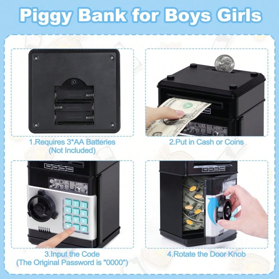 Cash and Coin Piggy Bank for Kids Ages 3-12, Electronic ATM-Style Money Box in Black, Pink or Red for Pocket Money Saving and Birthday Gifts